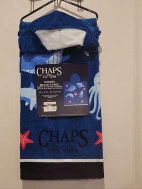 NWT Chaps Blue Adult Size Hooded Beach Towel Dolphins Whales Starfish